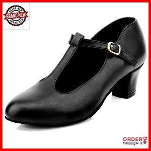 Leather T-Strap Dance Heels, 2.2 Inch Heel, Non-Slip Sole, Adjustable Buckle
